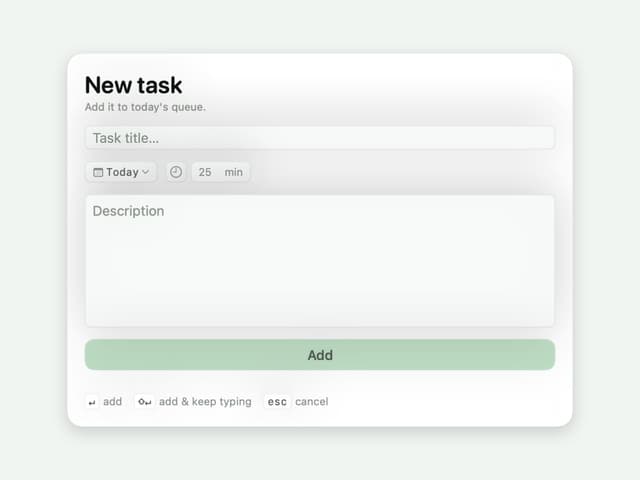 Anchored quick-add panel with fields for a task title, the day, a duration and an optional note