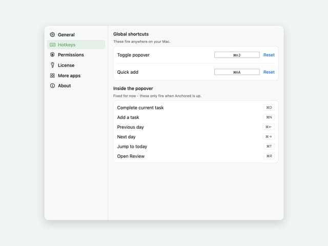 Anchored settings on the Hotkeys tab, listing the rebindable global shortcuts and the fixed in-popover ones