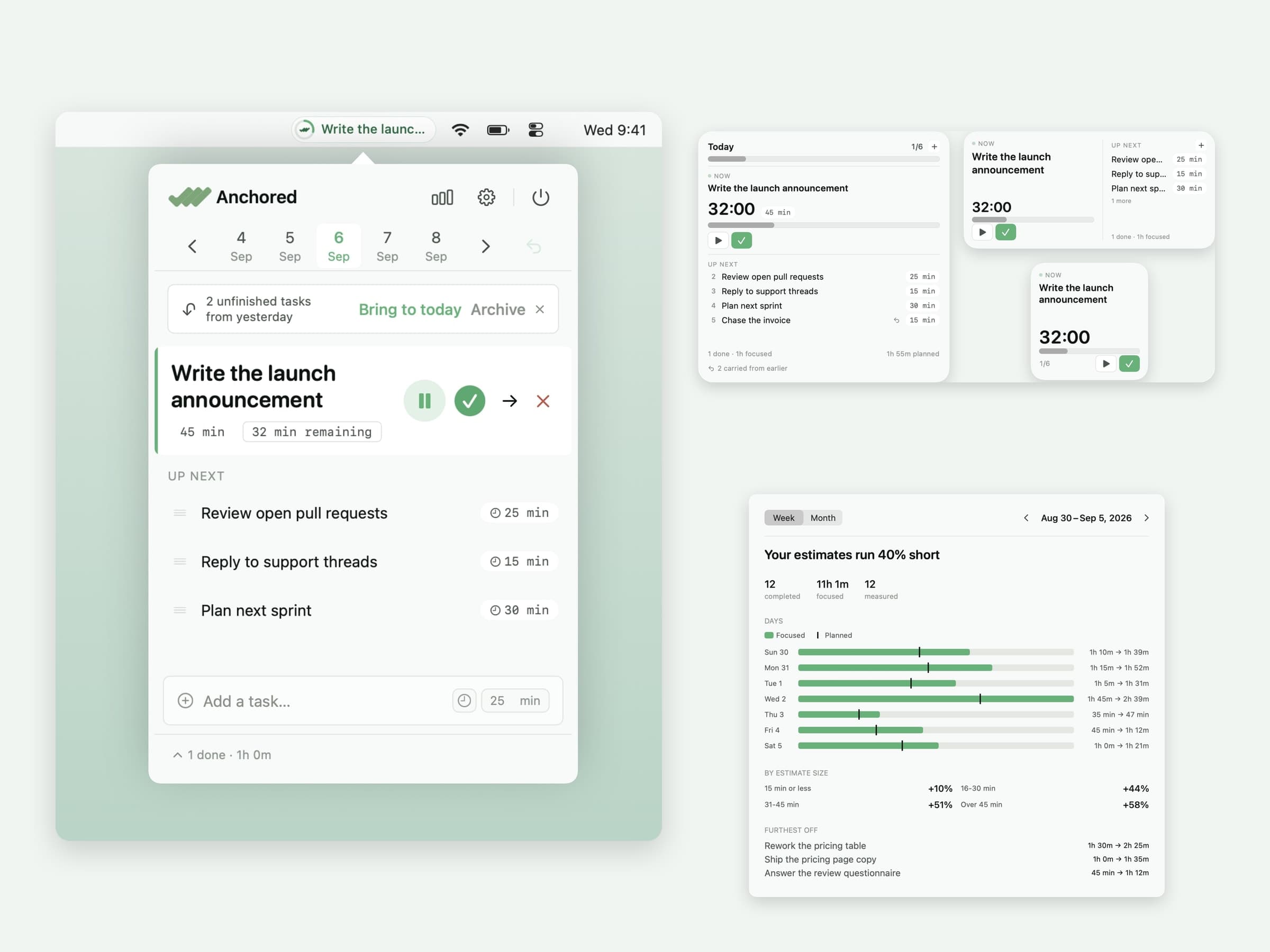 Anchored on macOS: the menu-bar popover, the desktop widget in three sizes and the Review window side by side