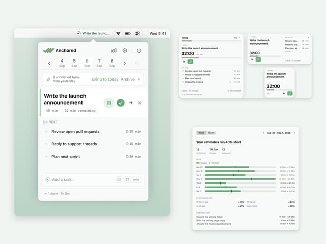 Anchored on macOS: the menu-bar popover, the desktop widget in three sizes and the Review window side by side