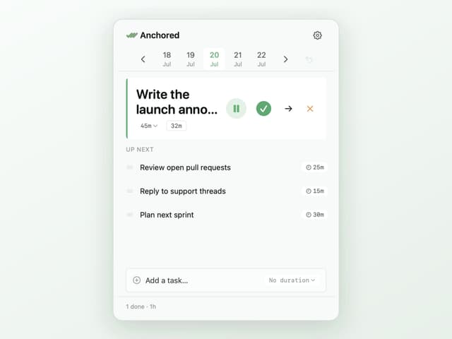 Anchored menu bar popover showing the current anchor task and its countdown