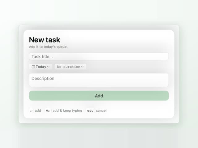 Anchored quick-add panel with fields for a task title, the day, a duration and an optional note