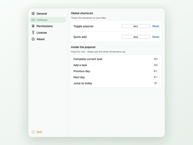 Anchored settings on the Hotkeys tab, listing the rebindable global shortcuts and the fixed in-popover ones