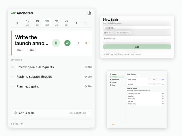 Anchored on macOS: the anchor task with a live countdown in the menu bar, the queue and quick-add