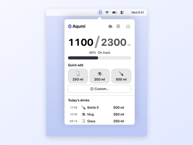 Aqumi menu bar popover with the daily hydration goal and one-tap logging presets