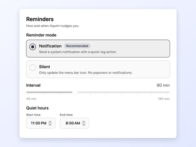 Aqumi reminder settings with cadence, silent mode and quiet hours