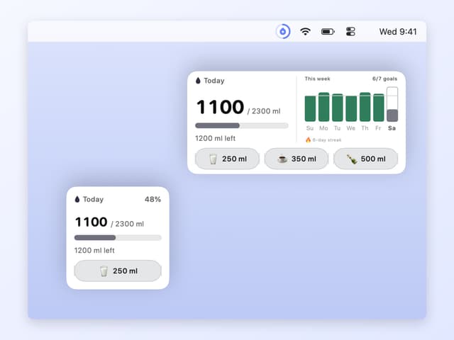 The Aqumi desktop widget in two sizes, with today's progress, the week behind it and quick-add buttons