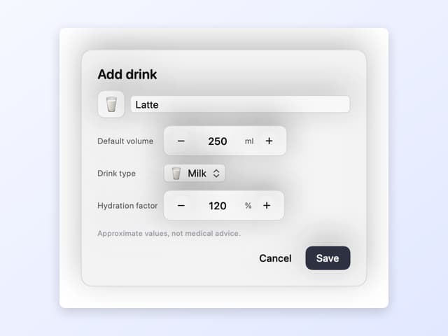 The Aqumi drink editor with a drink type and an editable hydration factor