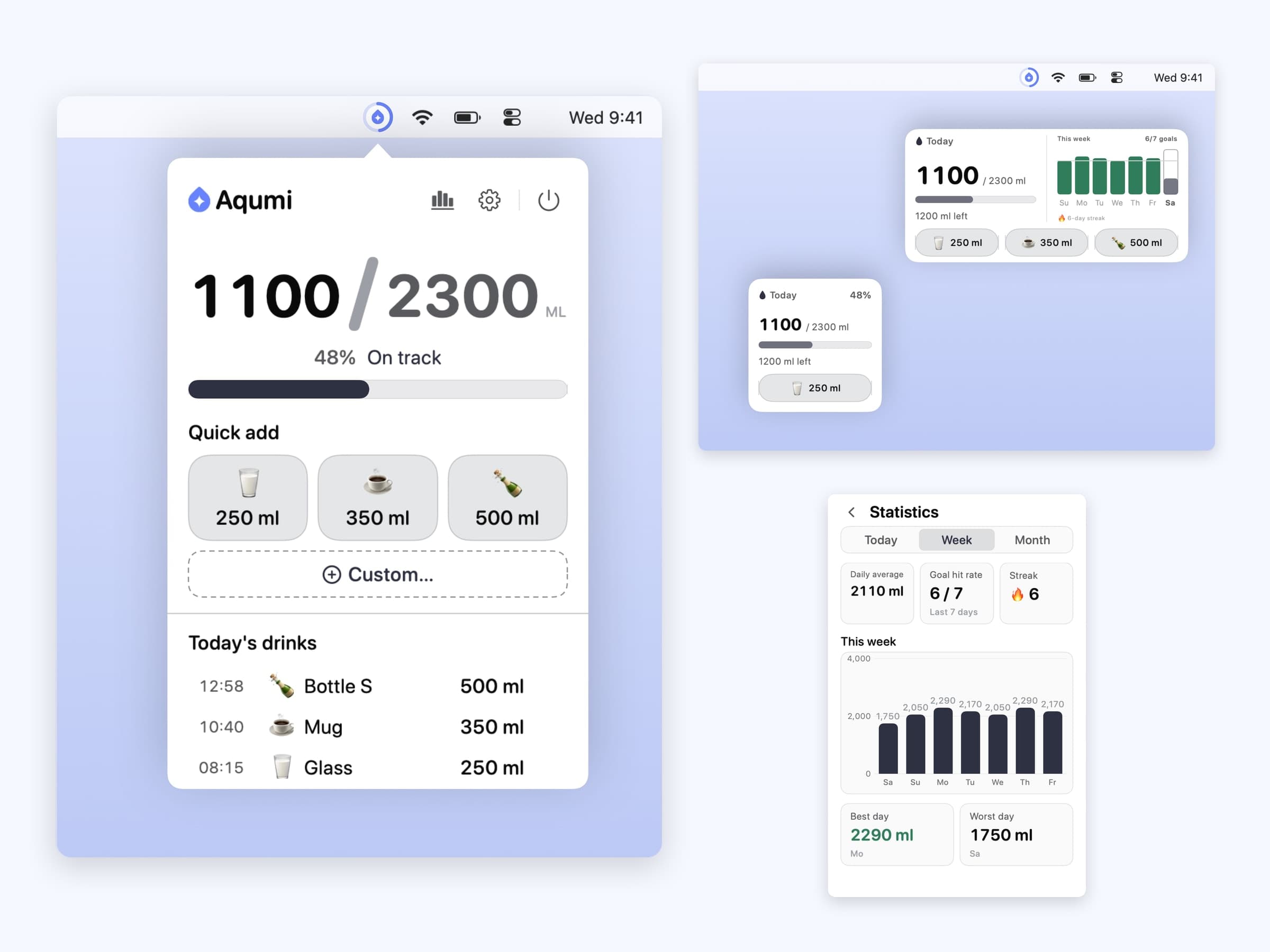 Aqumi on macOS: the menu bar droplet, the desktop widget, reminder settings and weekly stats