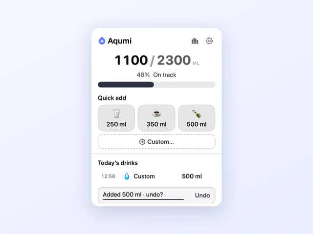 Aqumi menu bar popover with the daily hydration goal and one-tap logging presets