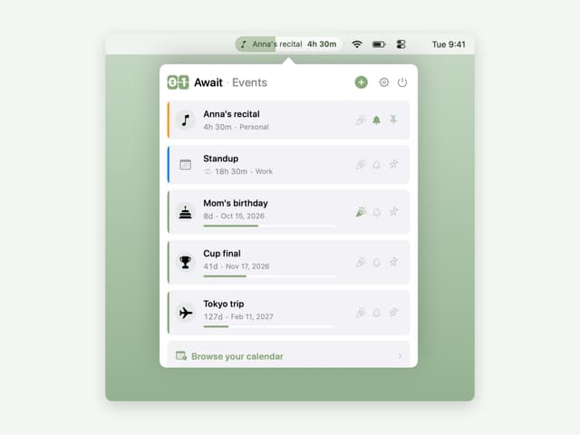 Await countdown list mixing calendar events with typed-in countdowns, one of them pinned to the menu bar