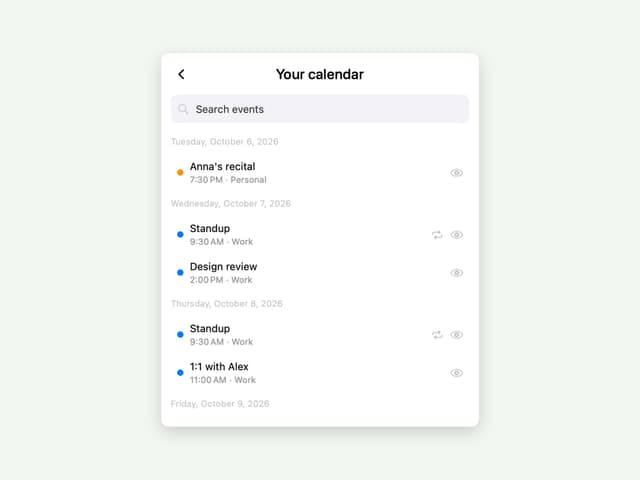 Await calendar picker listing upcoming events day by day, ready to pin one to the menu bar