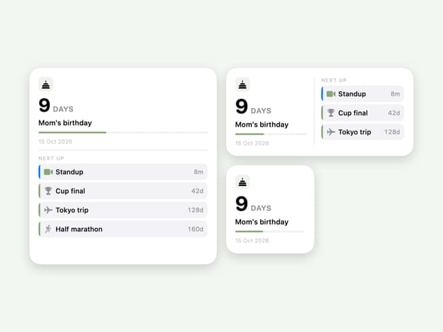 The Await desktop widget on macOS in both sizes, the medium one showing the next countdown beside the ones queued behind it