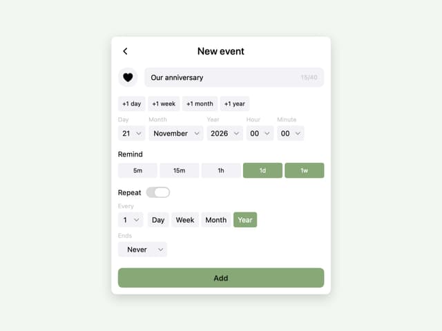 macOS'ta Await ekleme formu: yıllık tekrar ve etkinlikten bir gün ile bir hafta önce hatırlatma