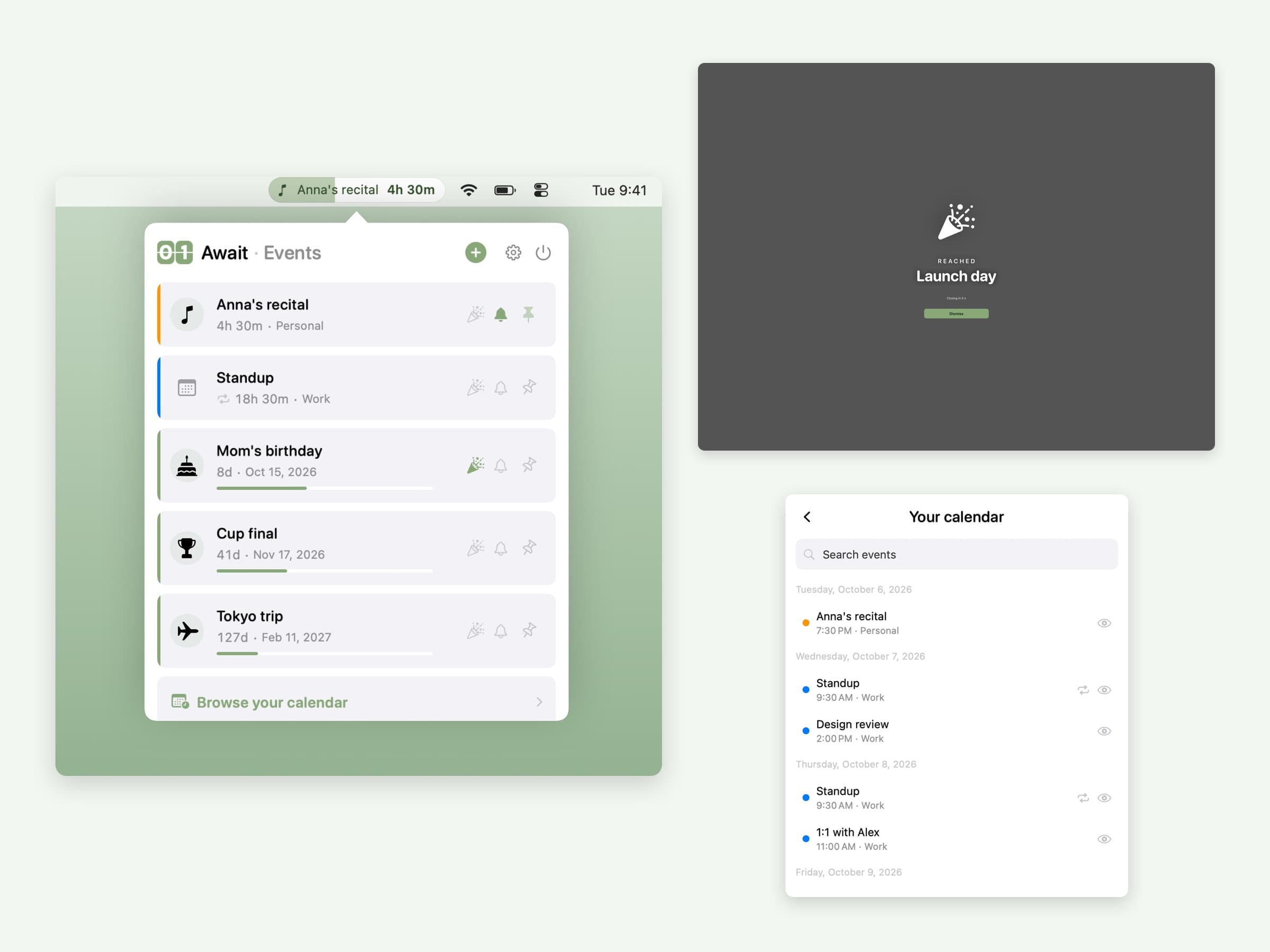 Await on macOS: the countdown list, the pinned menu bar countdown, the full-screen celebration and the calendar picker