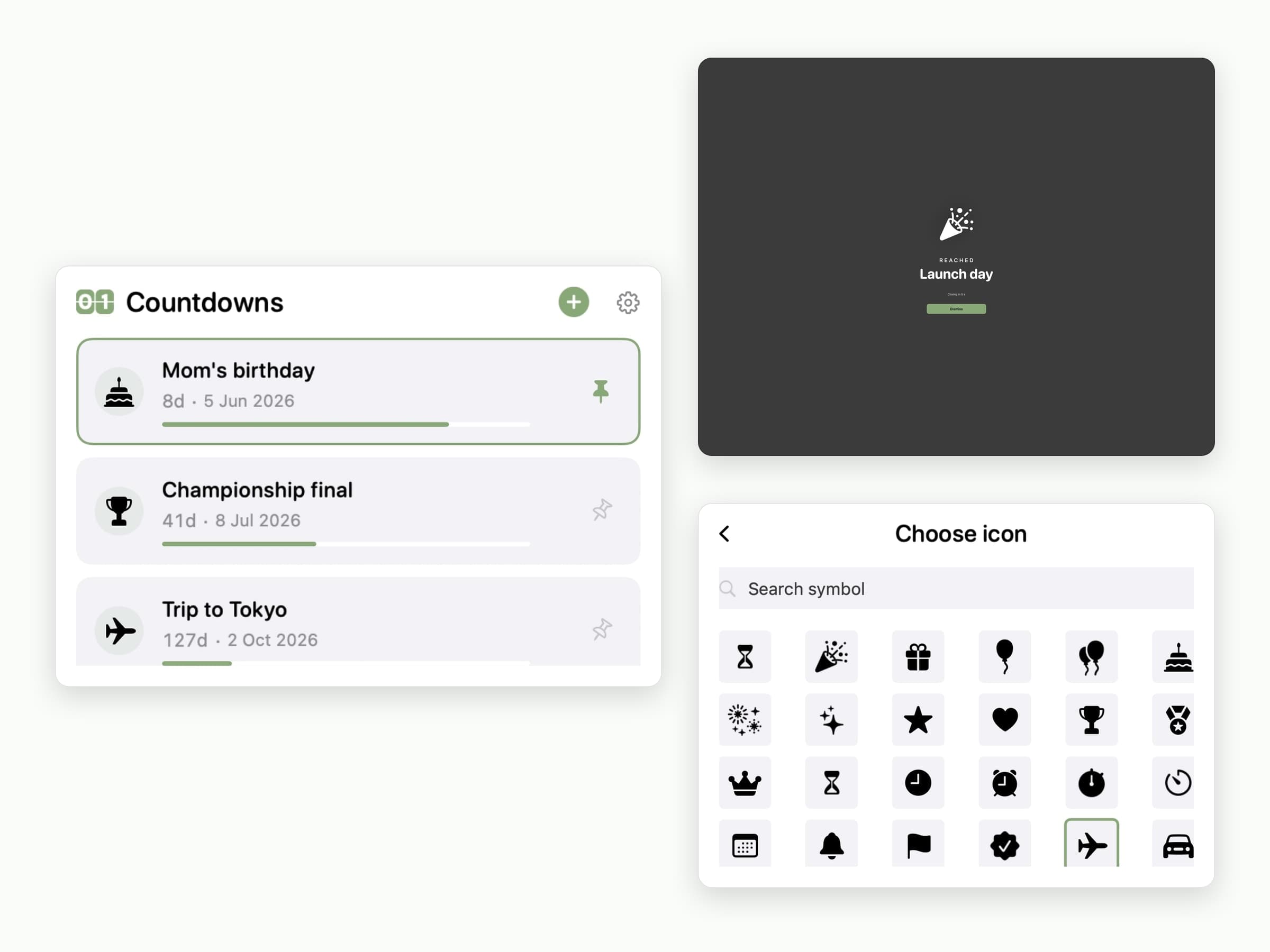 Await on macOS: the countdown list, the pinned menu bar countdown and the full-screen celebration