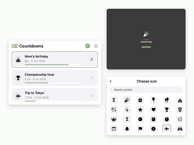 Await on macOS: the countdown list, the pinned menu bar countdown and the full-screen celebration