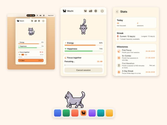 macOS'ta CatPod: piksel kedi, odak sayacı ve seri istatistikleri