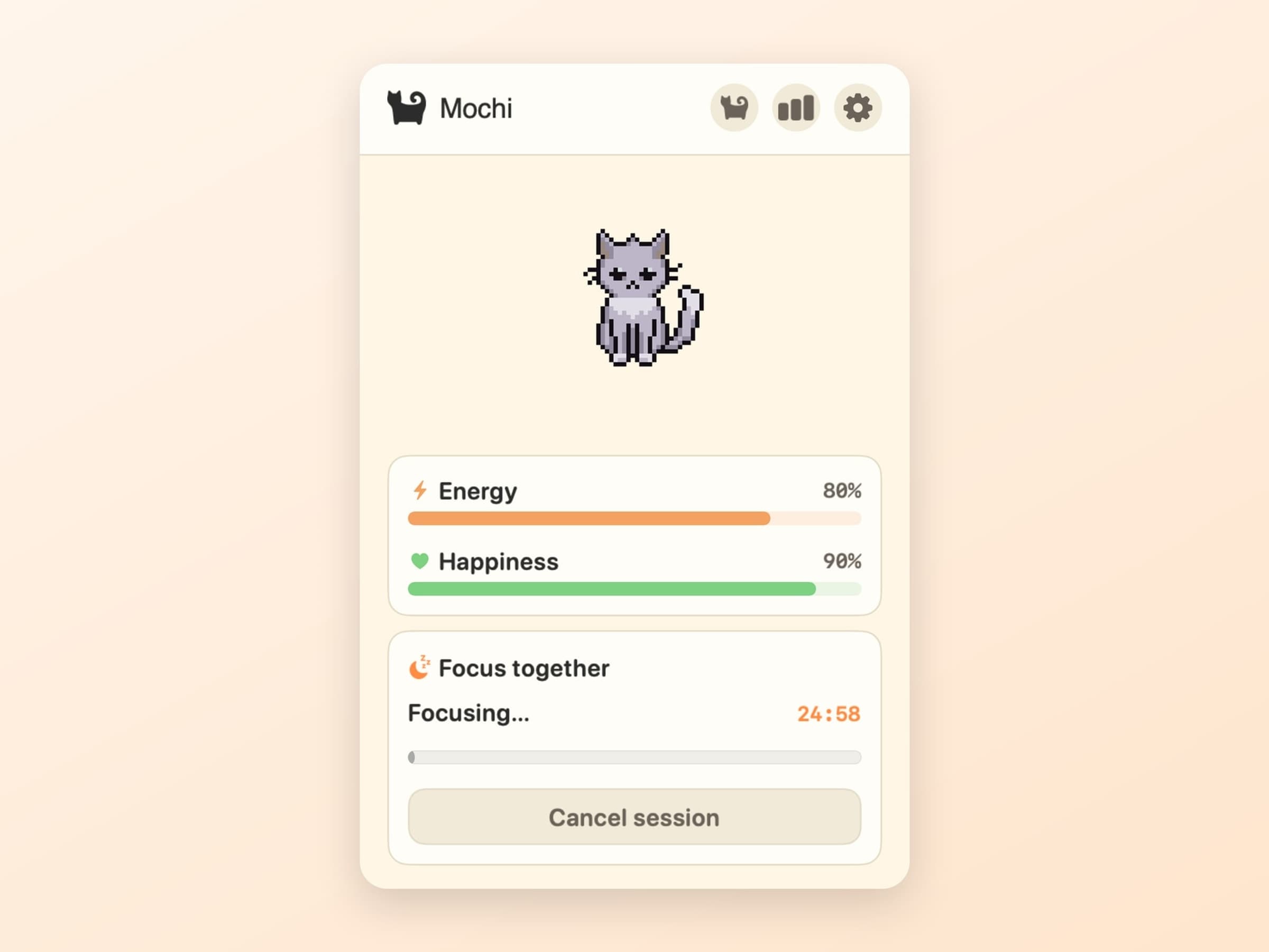 The CatPod focus timer with the Catnap, Deep Purr and Marathon Mew presets and a custom duration slider
