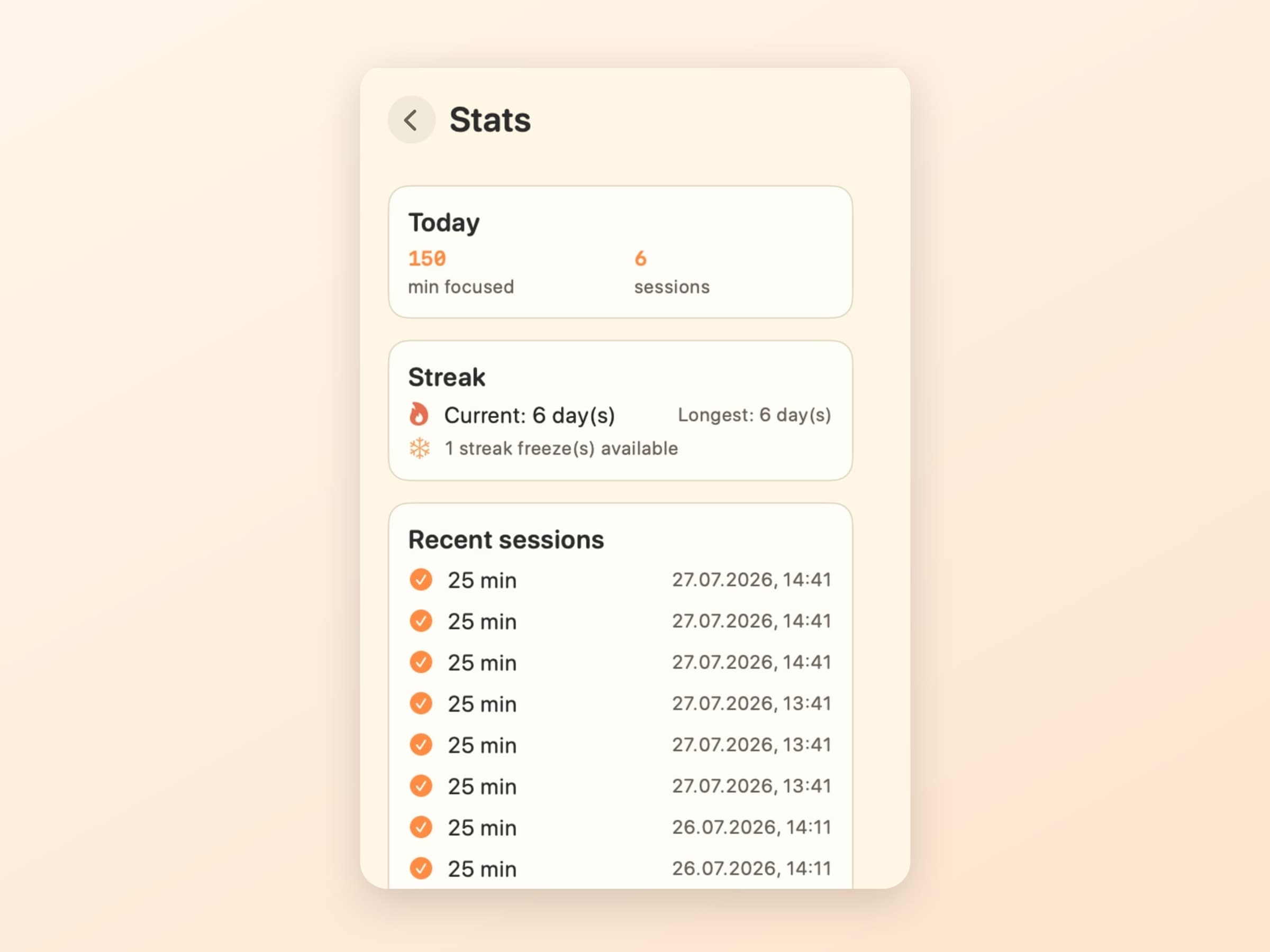 The CatPod stats view showing the current daily streak, its milestones and the available streak freeze