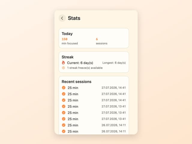 CatPod streak view with daily milestones and streak freezes
