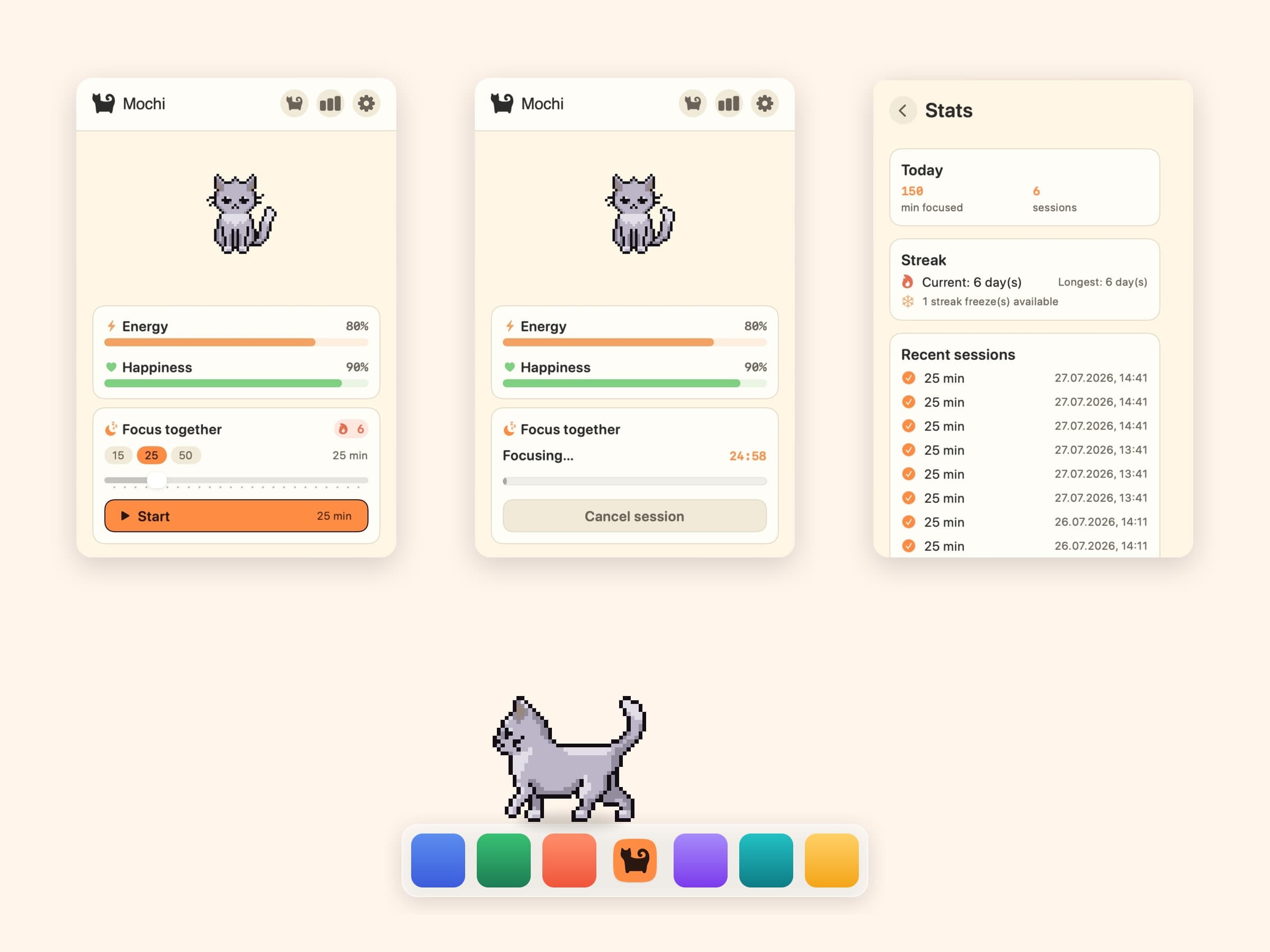 CatPod on macOS: the pixel cat on the desktop, the focus timer, skins and streak stats