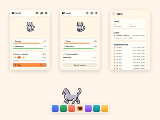 CatPod on macOS: the pixel cat on the desktop, the focus timer, skins and streak stats