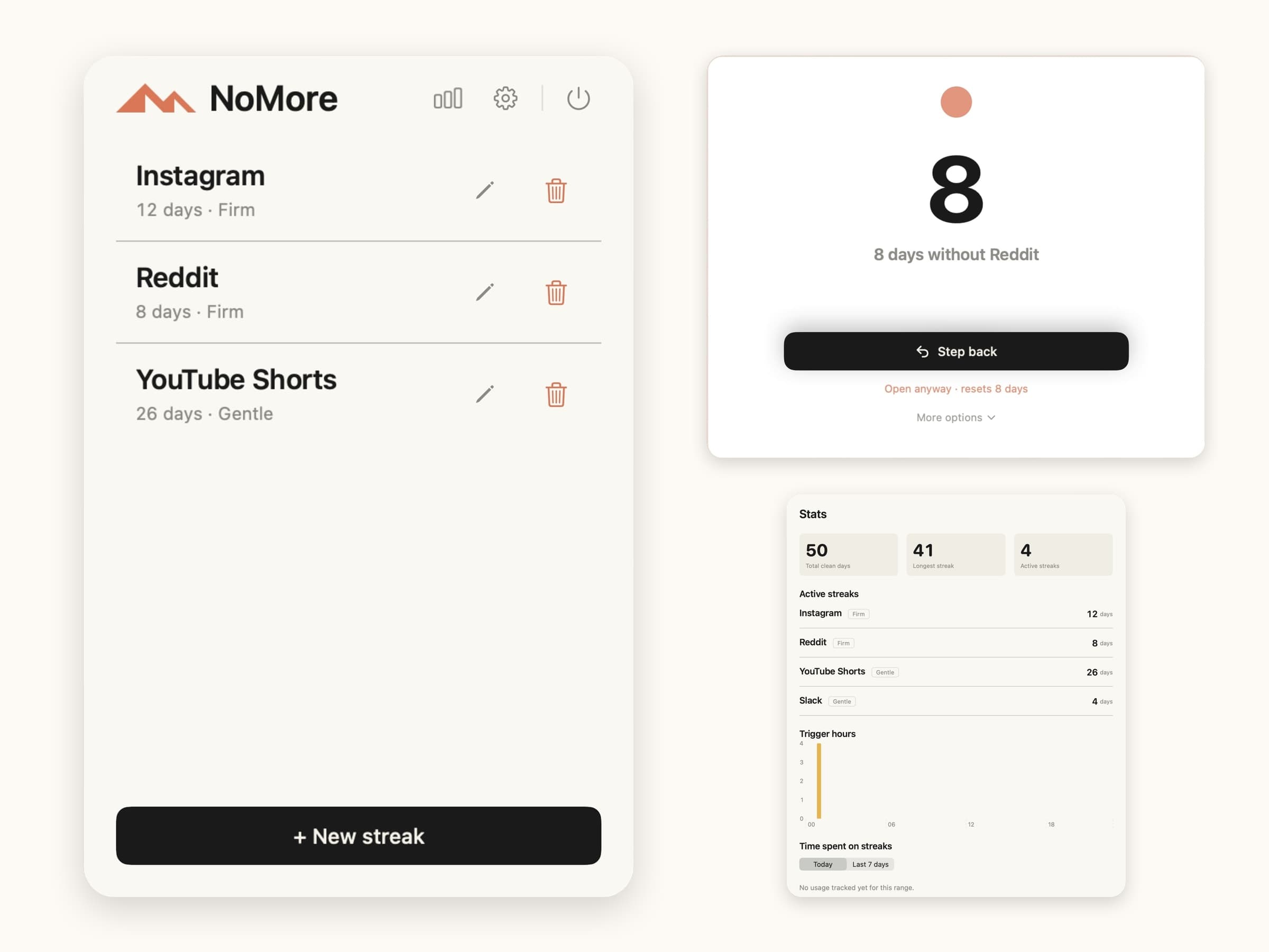 NoMore on macOS: the menu bar block list, the blocking screen and the stats window side by side