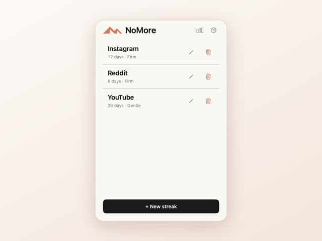 NoMore block list showing blocked domains and applications on macOS