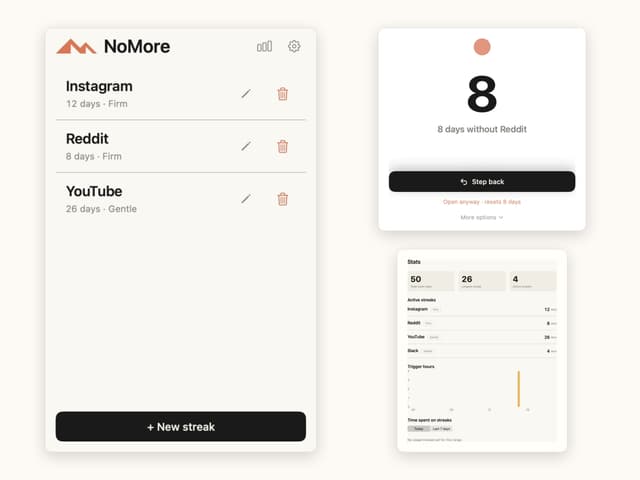 NoMore on macOS: block list, menu bar popover and the blocking screen for a distracting site