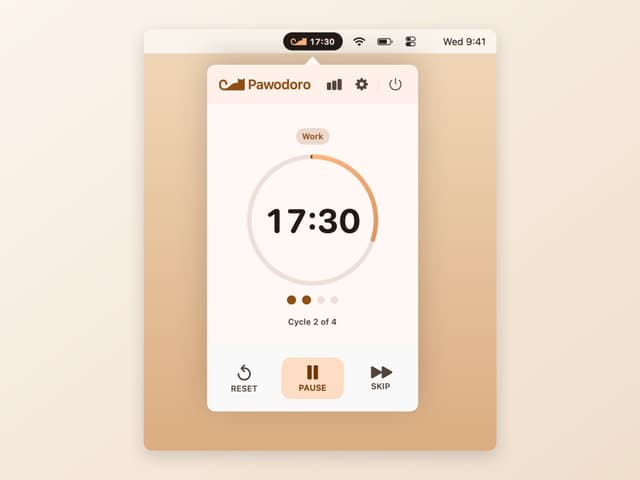 Pawodoro menu bar popover showing the running Pomodoro countdown and cycle counter