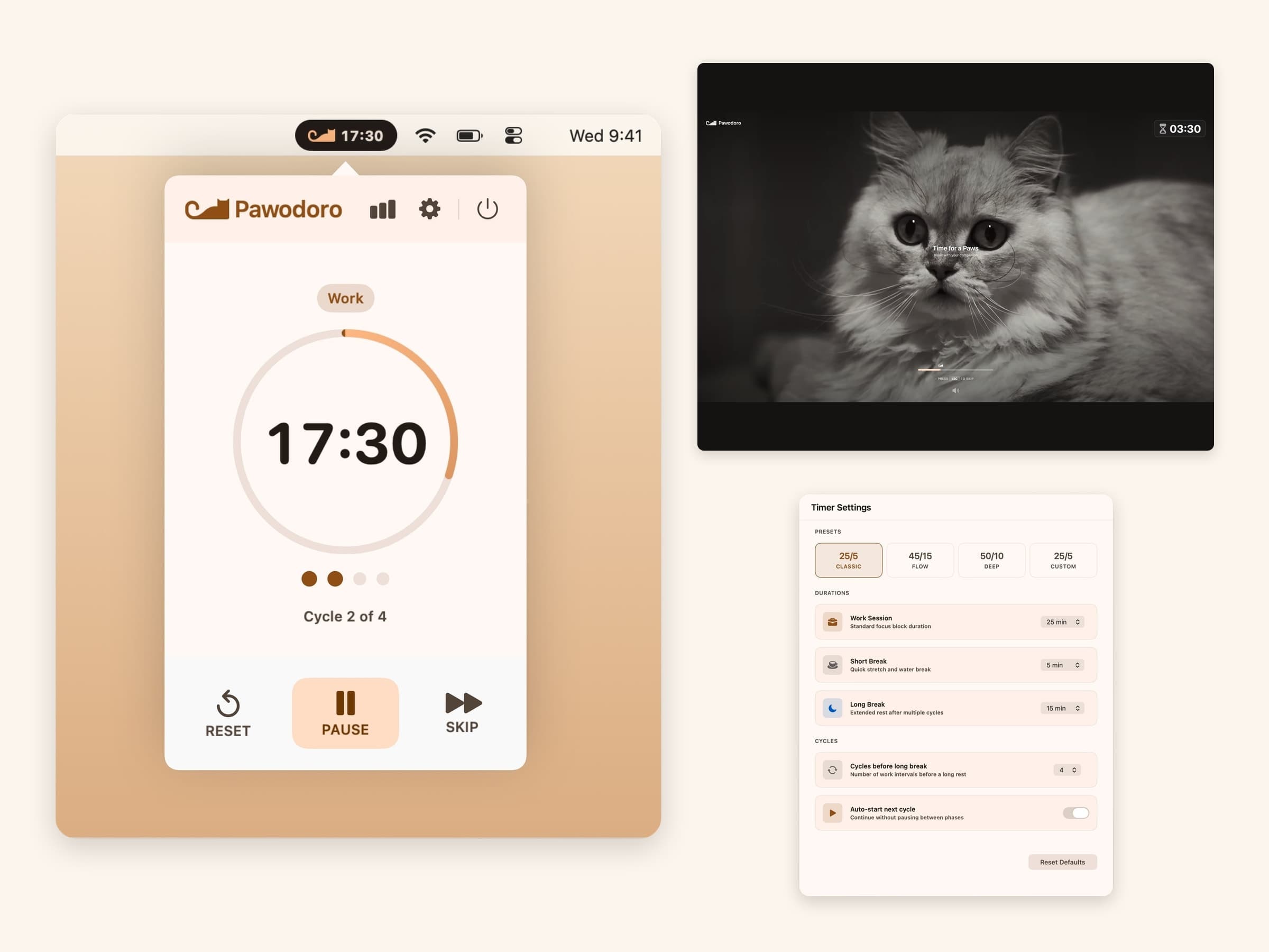 Pawodoro on macOS: menu bar Pomodoro timer, settings and the full-screen cat video break
