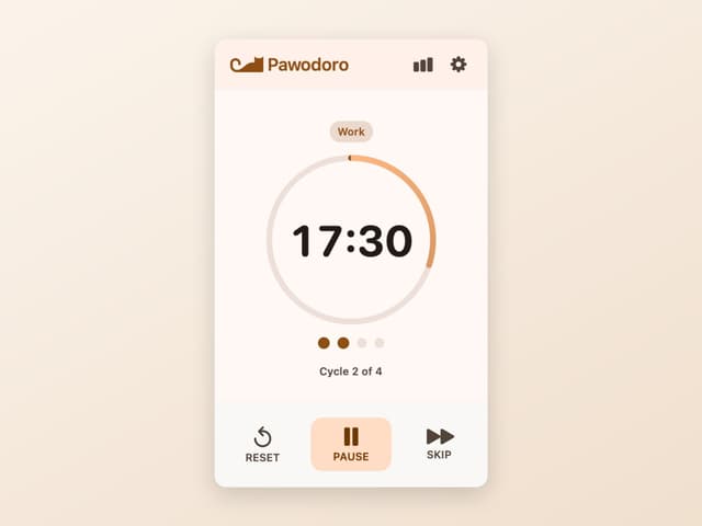 Pawodoro menu bar popover showing the running Pomodoro countdown and cycle counter