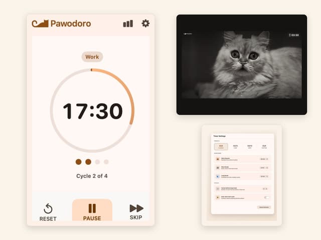 Pawodoro on macOS: menu bar Pomodoro timer, settings and the full-screen cat video break