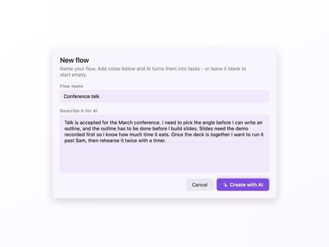 The Plexus new-flow-from-text dialog with a pasted paragraph ready to become a wired flow