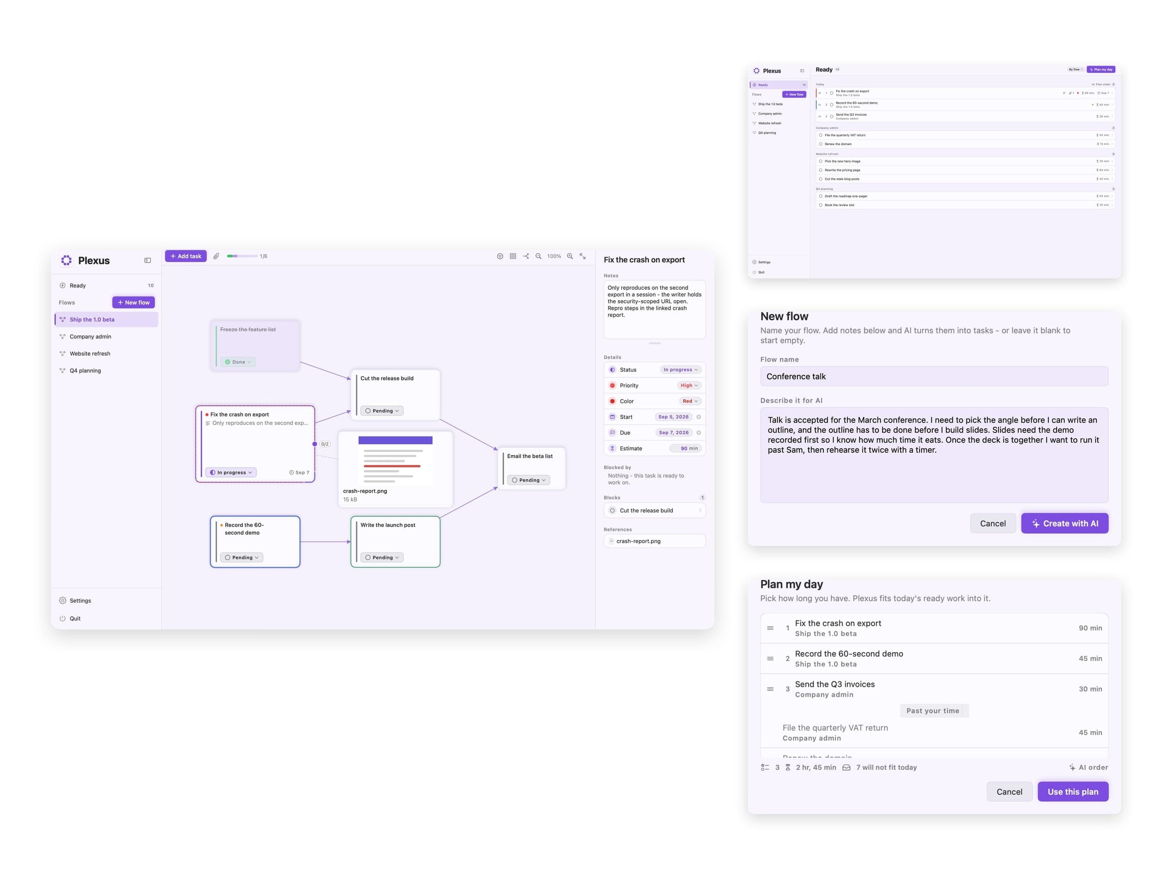 Plexus on Mac: the wired task canvas, the Ready list, the new-flow-from-text dialog and the day planner