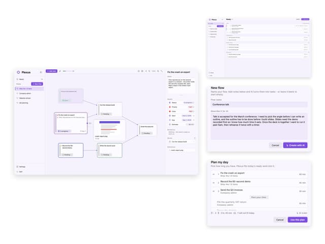 Plexus on Mac: the wired task canvas, the Ready list, the new-flow-from-text dialog and the day planner