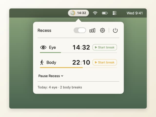 The Recess menu bar panel with eye and body countdowns, a pause menu and today's tally
