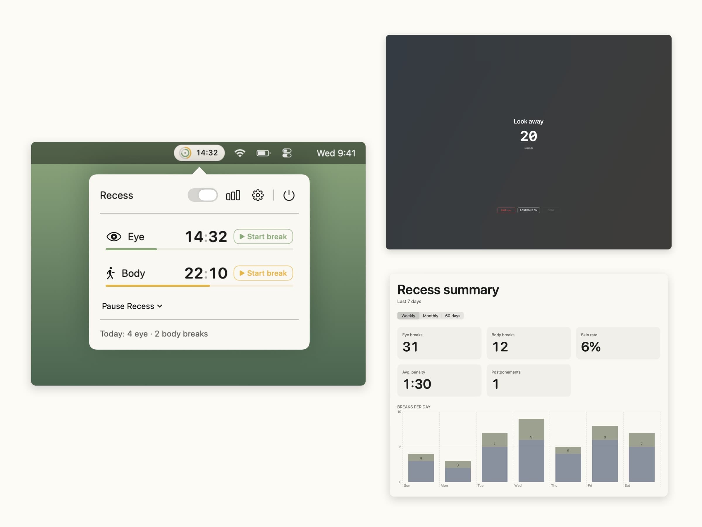 Recess on macOS: the menu bar panel, a full-screen eye break and the weekly report