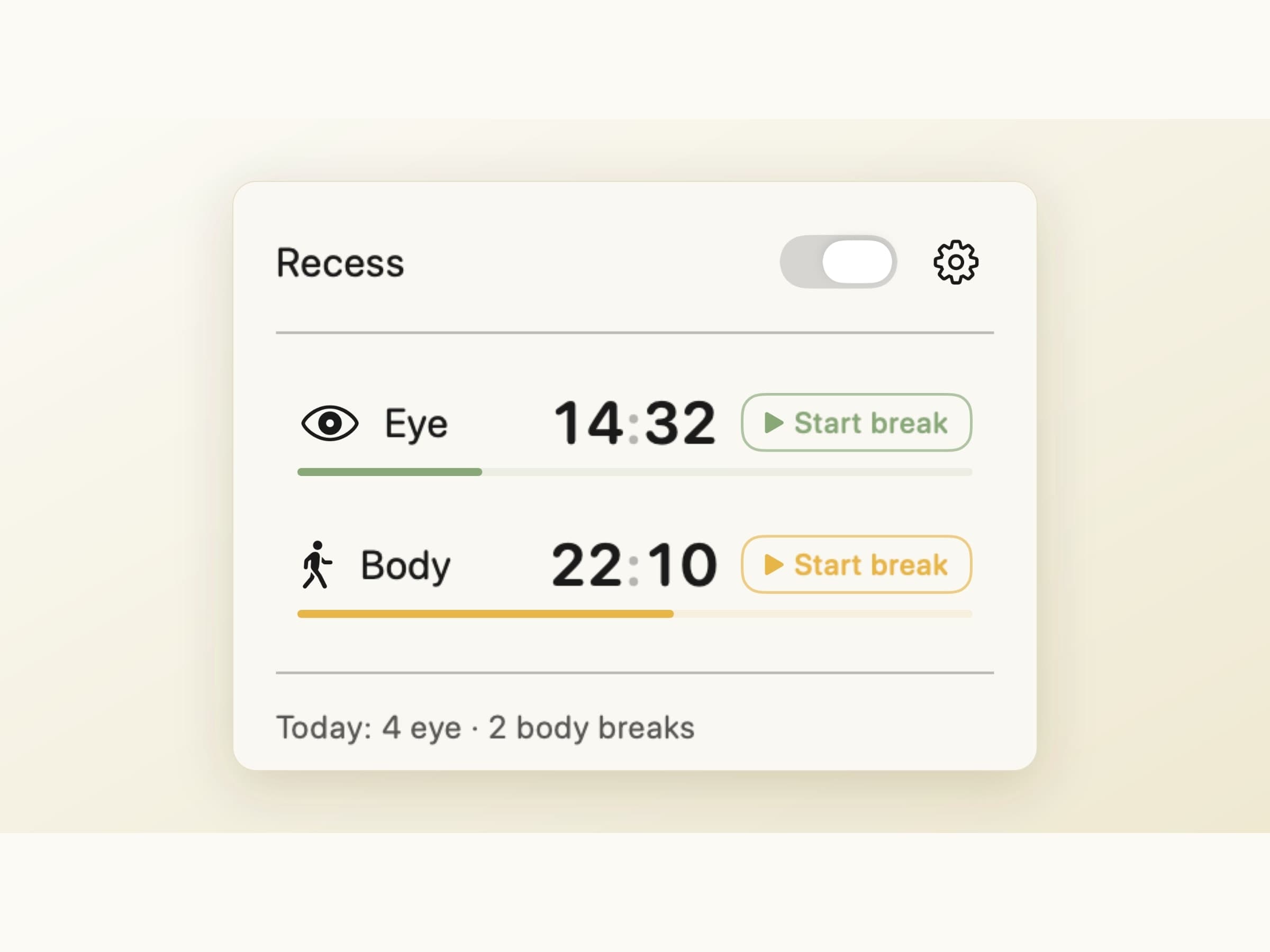 The Recess menu bar popover on macOS with separate Eye and Body countdowns, each with a progress bar and a Start break button, and today's break counts underneath