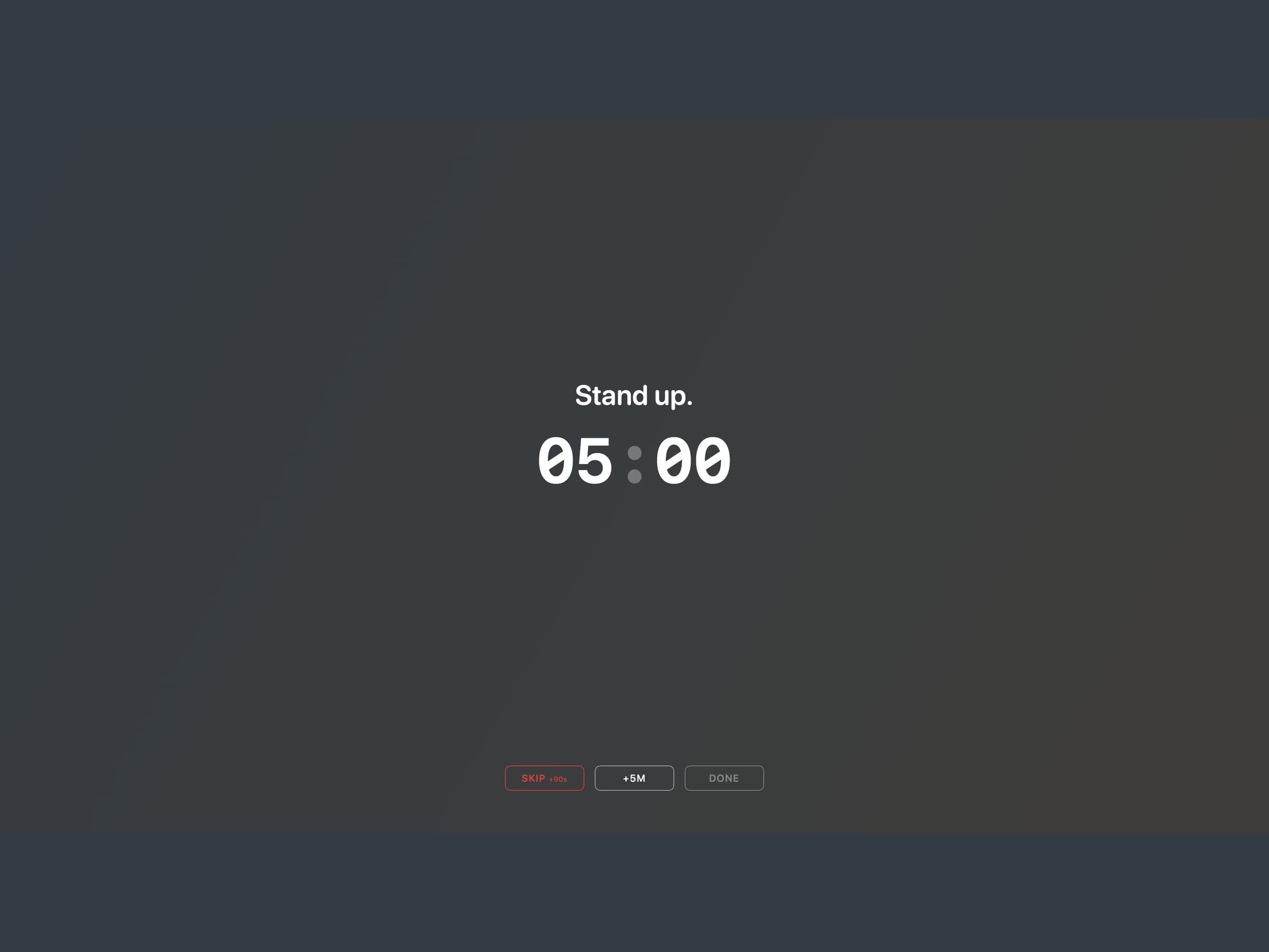 The Recess body break overlay reading Stand up with a five minute countdown and Skip, plus five minutes and Done buttons