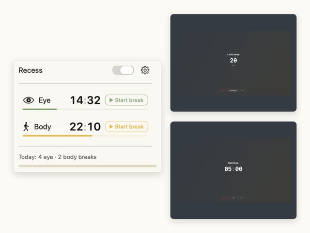 Recess on macOS: eye and body break timers, presets and the full-screen break overlay