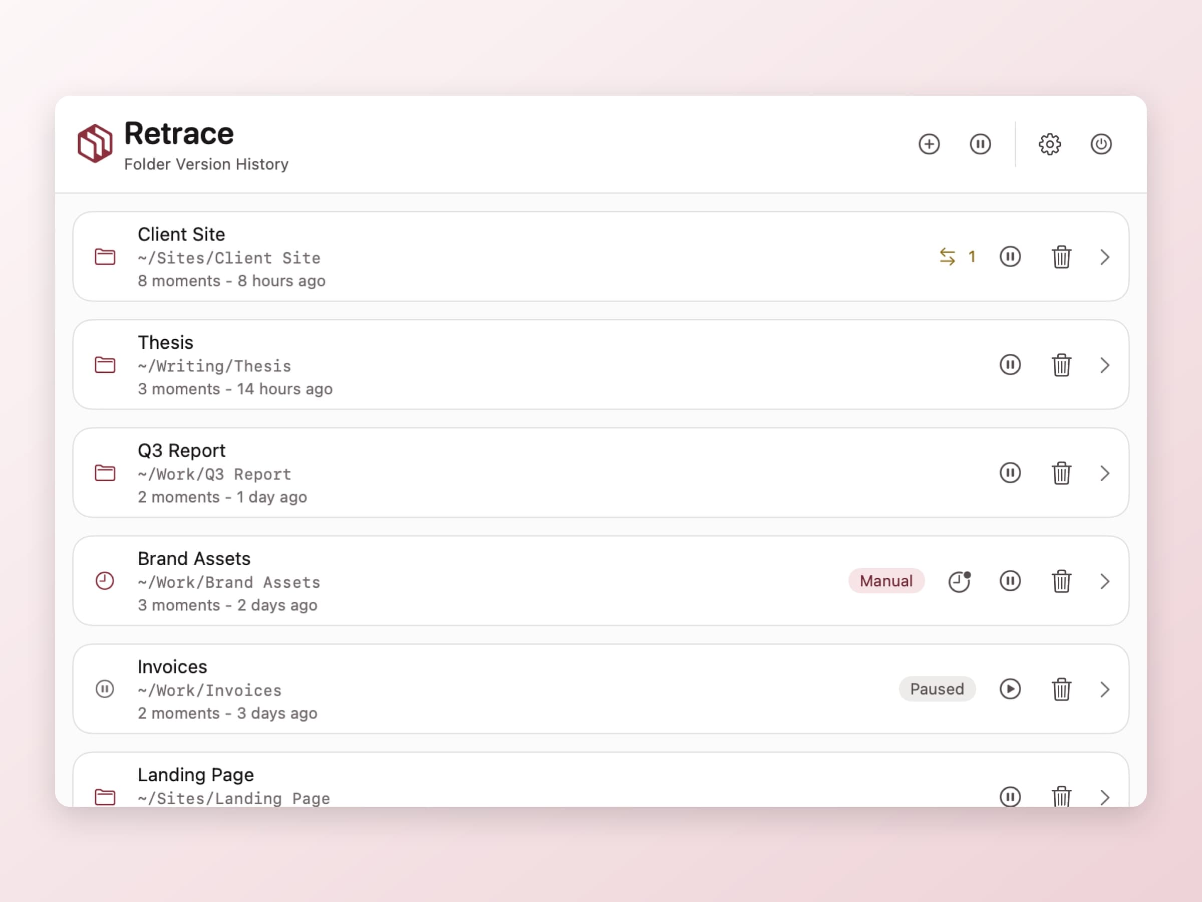 Retrace's list of watched folders, each with its history and any files something was put on top of