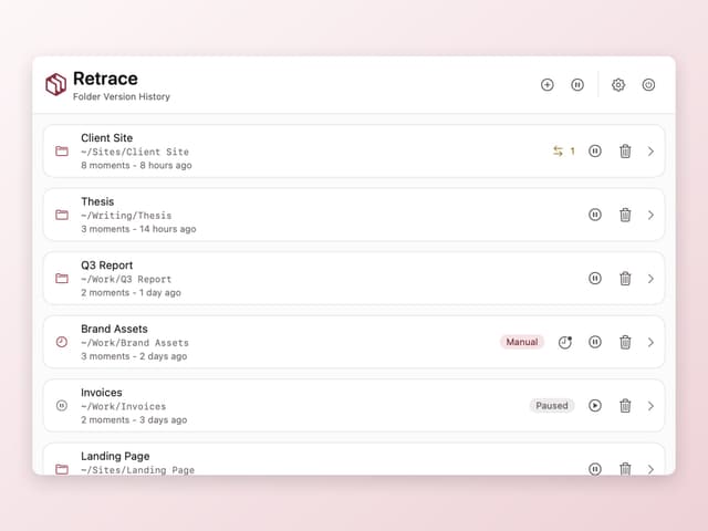 Retrace's watched folders: one recording, one set to record only when asked, one paused