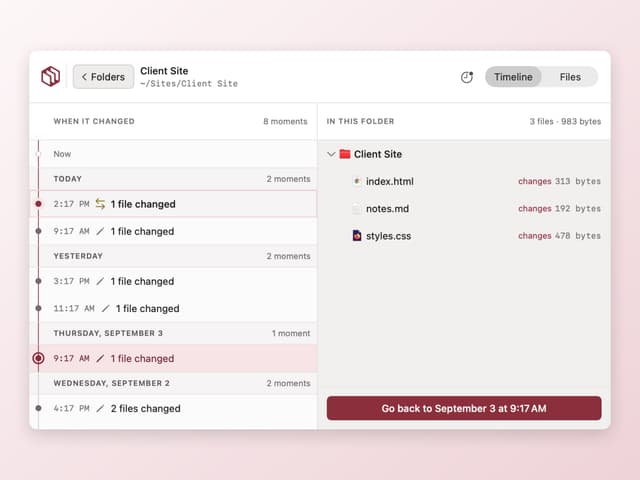 A folder's history as a day-banded timeline of moments, saying what changed in each