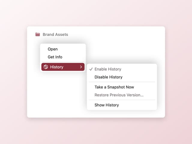 The Finder right-click menu with Retrace's History submenu: enable, disable, snapshot, restore, show
