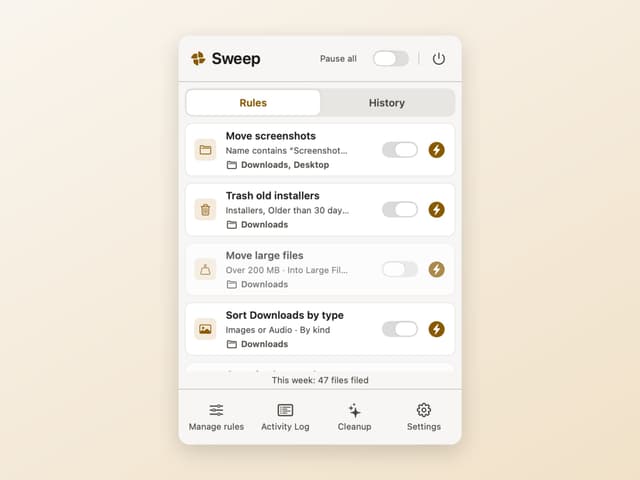 Sweep's menu-bar popover listing rules for Downloads and the Desktop, each with its own switch, over a line counting the files filed this week