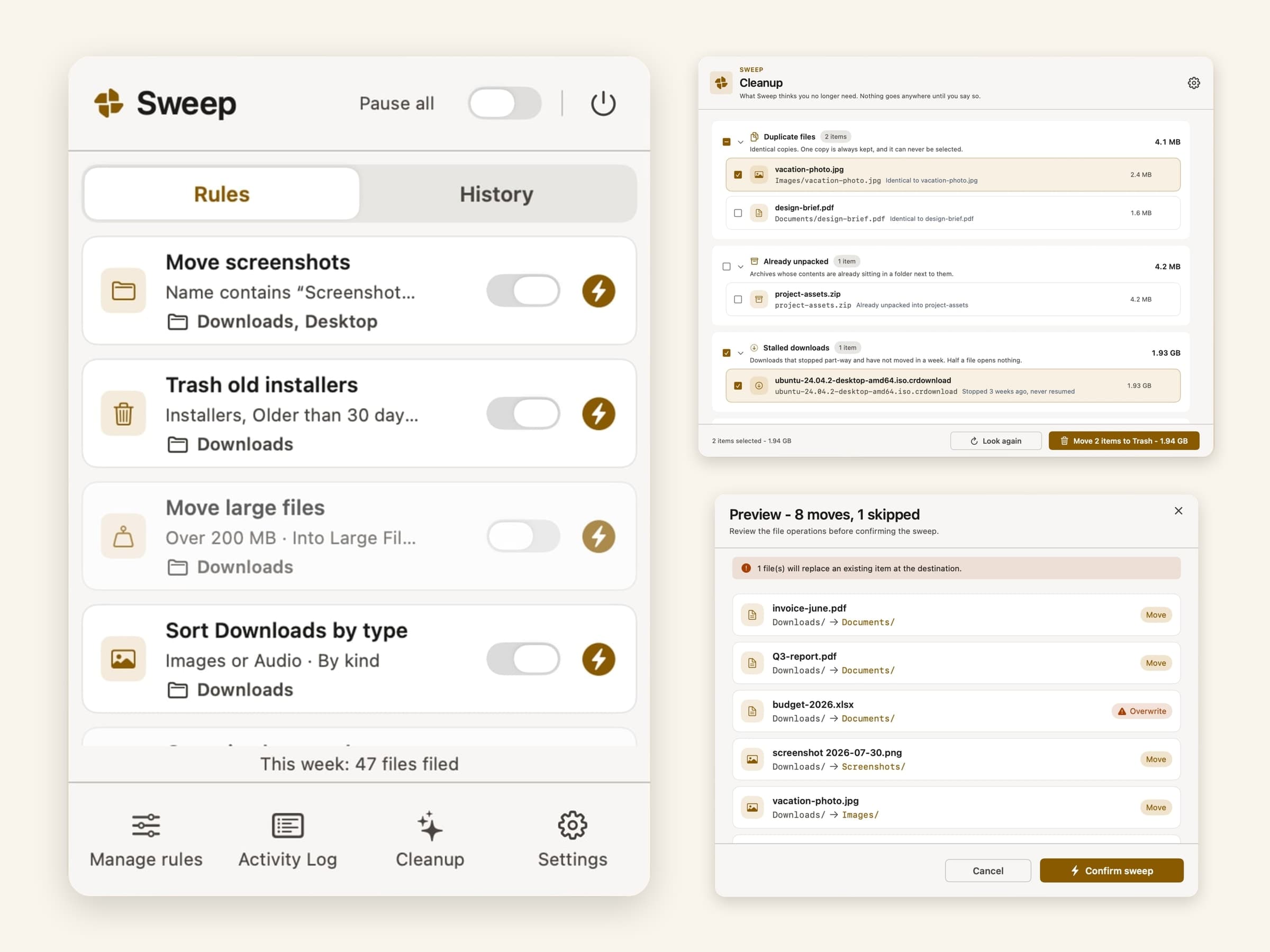 Sweep on macOS: the menu-bar rule list, the Cleanup window and the dry-run preview