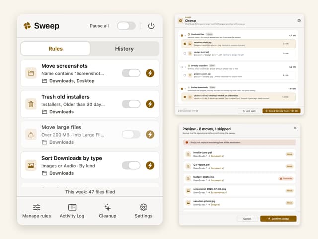 Sweep on macOS: the menu-bar rule list, the Cleanup window and the dry-run preview
