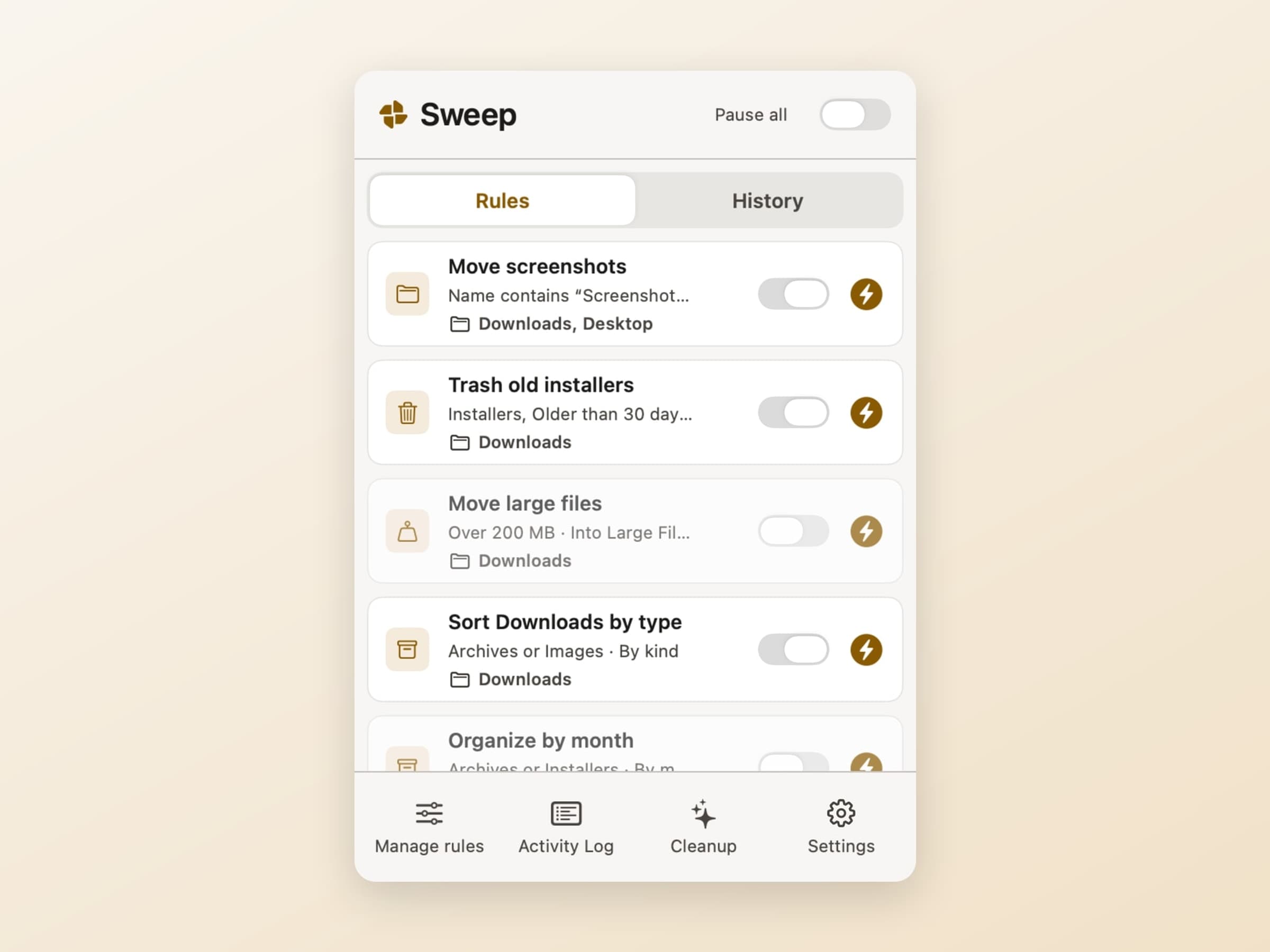 The Sweep menu bar popover on macOS listing rules like Move screenshots and Sort Downloads by type, each with its conditions, watched folders and an enable toggle